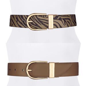 New! MICHAEL KORS Reversible Leather Belt Zebra Print Gold-tone Logo Buckle SM